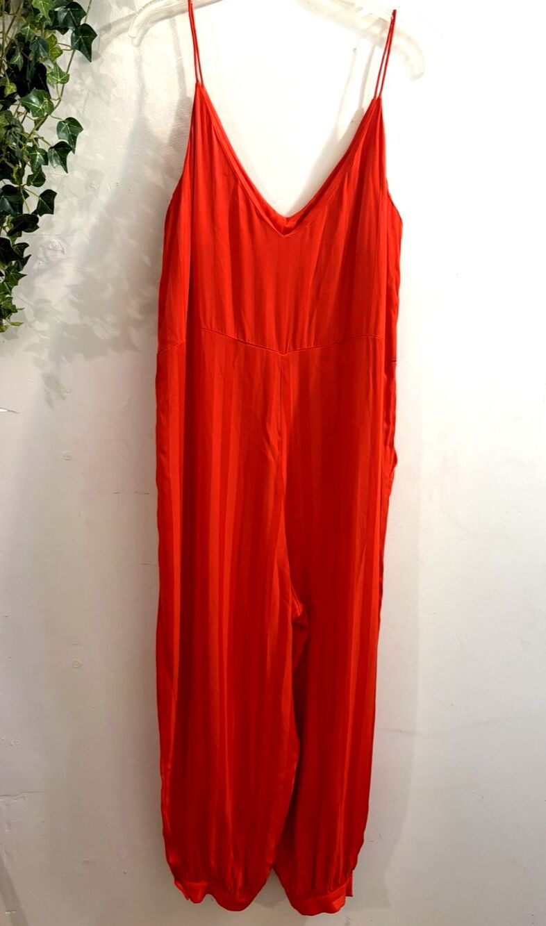 Traffic People Silk Blend Jumpsuit Size L Orange Strappy Slouchy Tapered Lounge